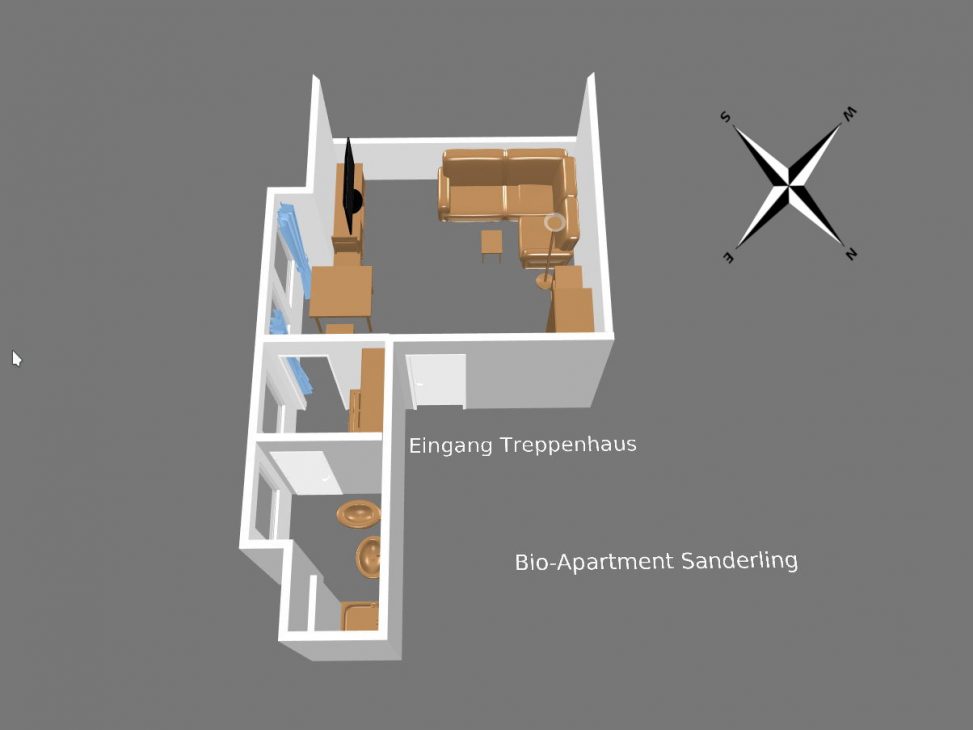 3D-Modell Bio-Apartment Sanderling Appartementvermittlung Süderdün Sankt Peter-Ording