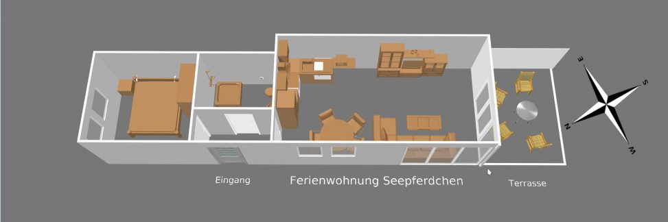 3D-Modell Apartment Seepferdchen Appartementvermittlung Süderdün Sankt Peter-Ording