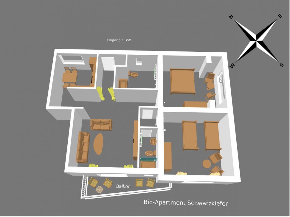 3D-Modell Bio-Apartment Schwarzkiefer Appartementvermittlung Süderdün Sankt Peter-Ording