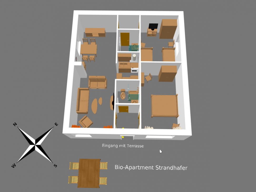 3D-Modell Bio-Apartment Strandhafer Appartementvermittlung Süderdün Sankt Peter-Ording