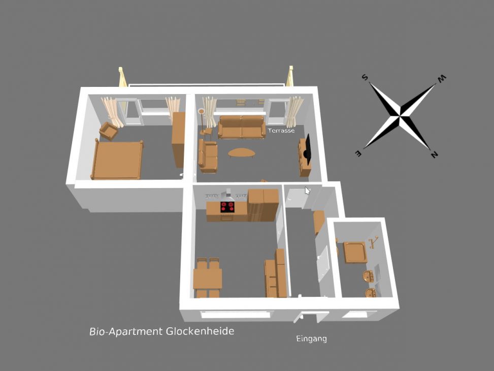 3D-Modell Bio-Apartment Glockenheide Appartementvermittlung Süderdün Sankt Peter-Ording