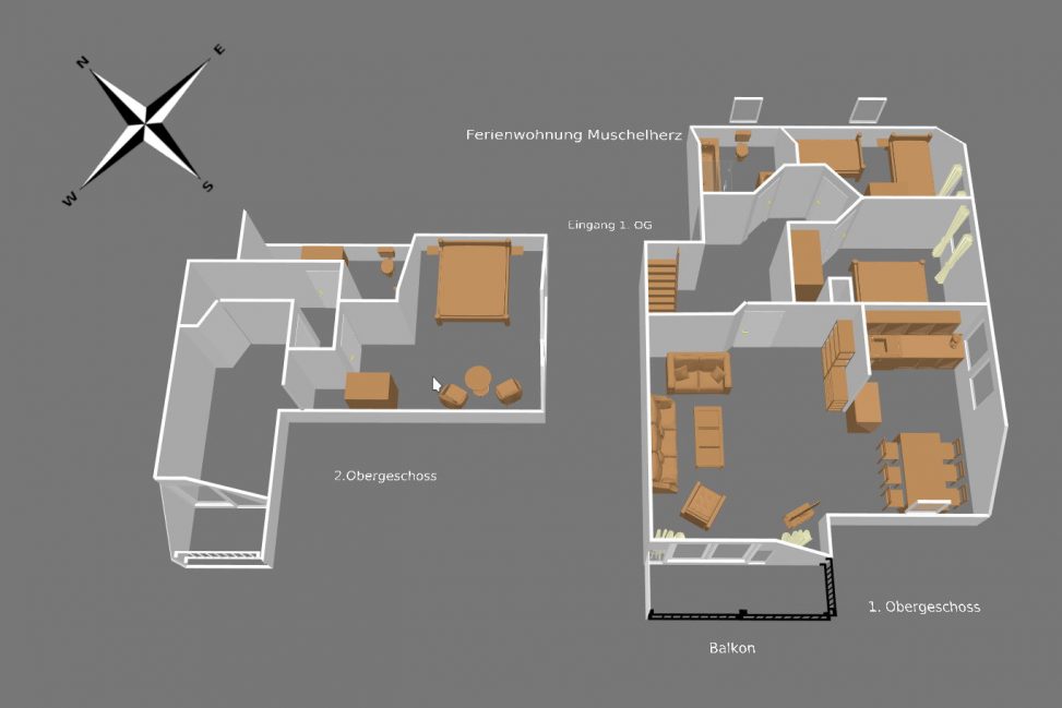 3D-Modell Apartment Muschelherz Appartementvermittlung Süderdün Sankt Peter-Ording
